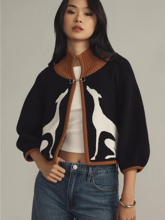 Maeve Sweaters - Maeve by Anthropologie Black & Rust Dog-Graphic Knit Cardigan Sweater Size Small